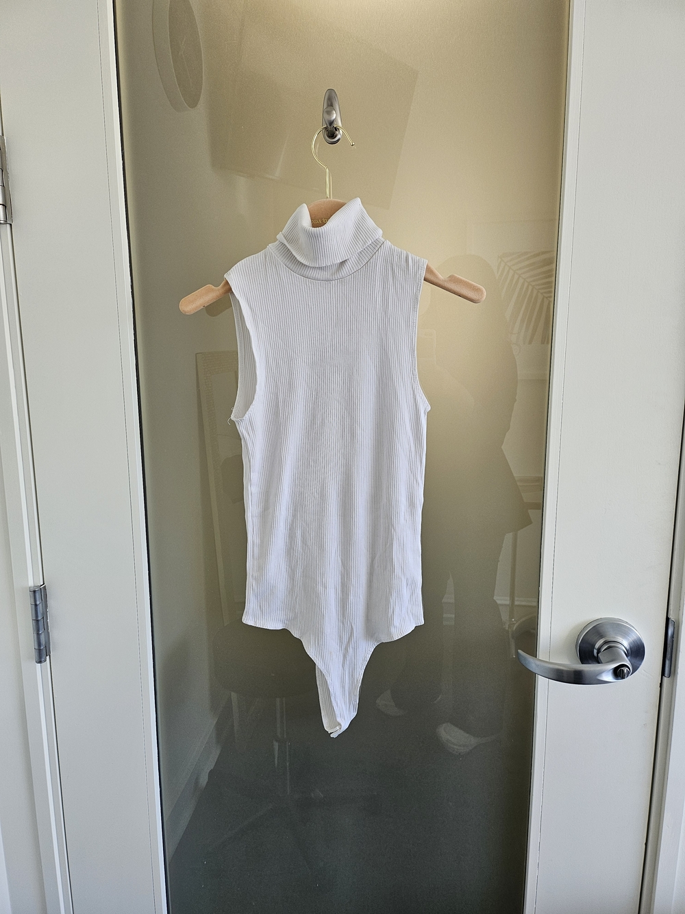 INTERMIX Ribbed Sleeveless White Turtleneck Bodysuit